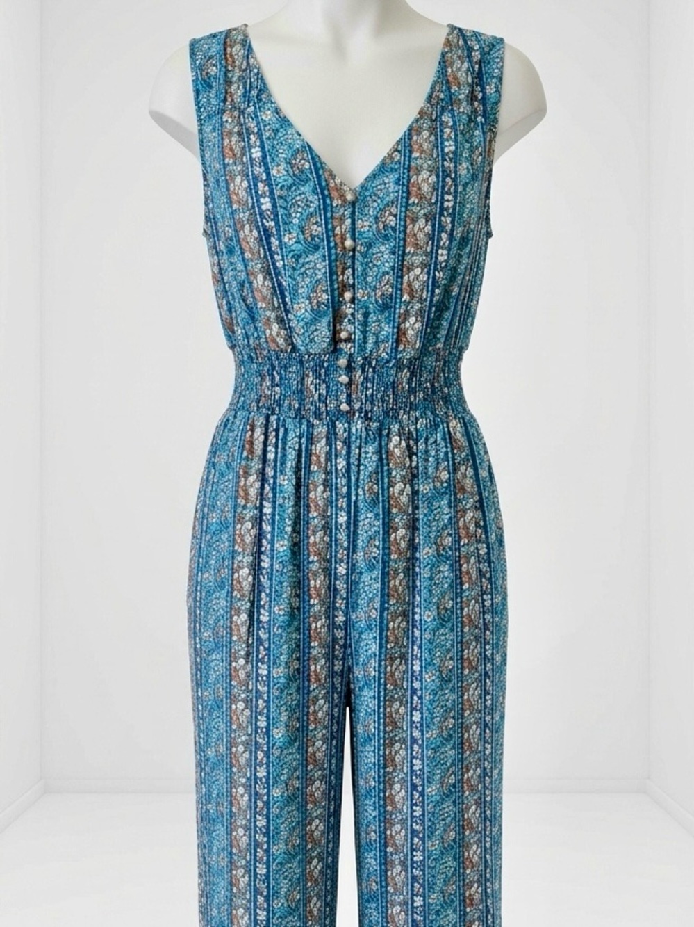 Anthropologie| Japna| Blue/Aqua Patterned Smocked-Waist Sleeveless Jumpsuit Sz L